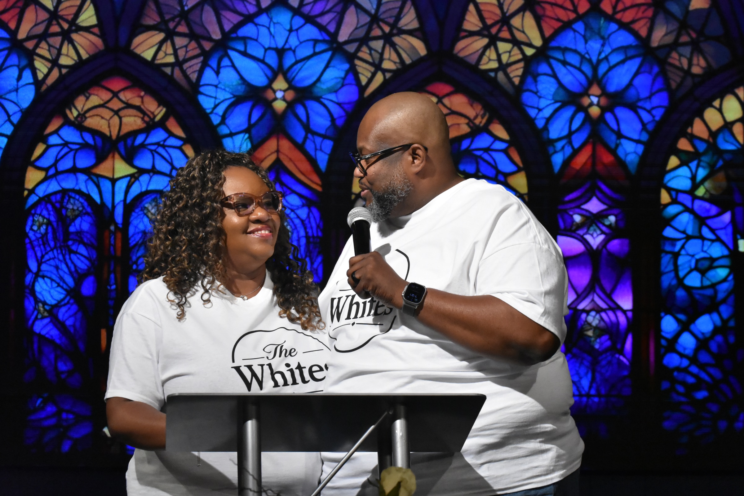 Bishop Aubrey L. White and his wife welcoming the Victory Life Christian Center congregation